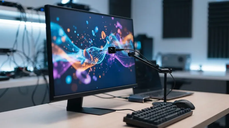A high-speed camera pointed at a gaming monitor displaying a bright photodiode flash in a dark testing lab.