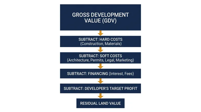 The residual equation treats land value as the remainder after all costs and required returns are deducted.