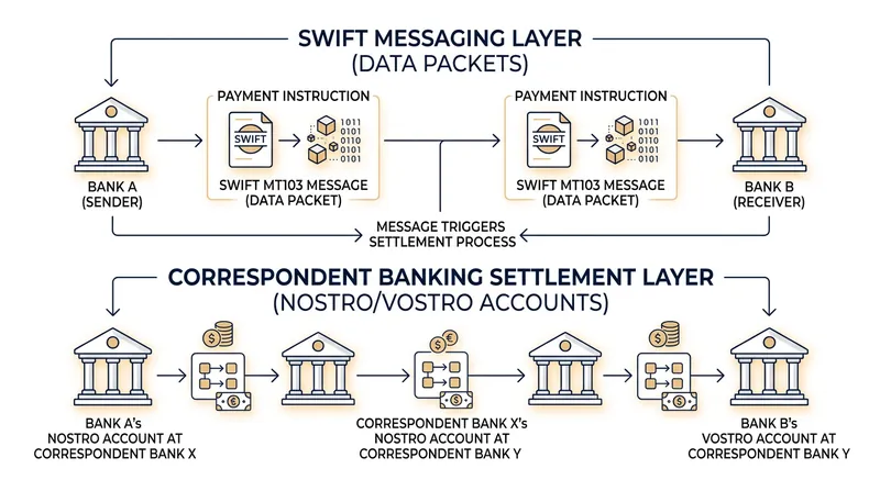 SWIFT provides the secure instructions, while correspondent banks execute the actual financial settlement.