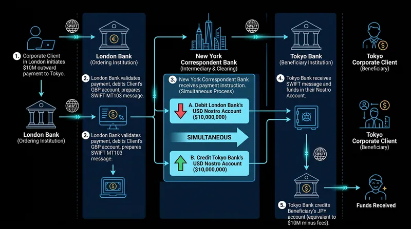 A standard cross-border transaction requires pre-funded liquidity in a shared intermediary jurisdiction.