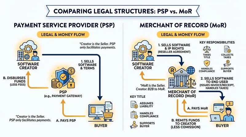 Unlike standard payment processors, an MoR inserts itself directly into the chain of sale.