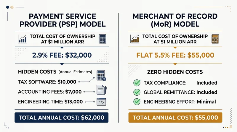 While the top-line transaction fee is higher, the MoR model eliminates external tax software and compliance accounting costs.