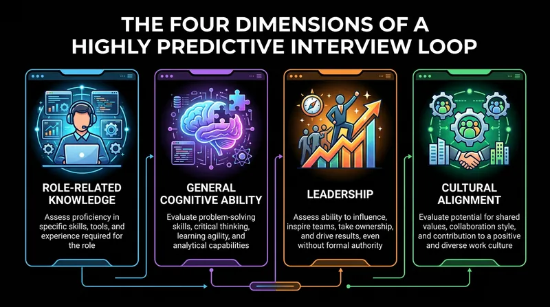 A structured four-round loop assigns a distinct, non-overlapping dimension to each interviewer.
