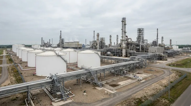 A large-scale Chinese oil refinery facility illuminated at dusk with industrial pipes and storage tanks.