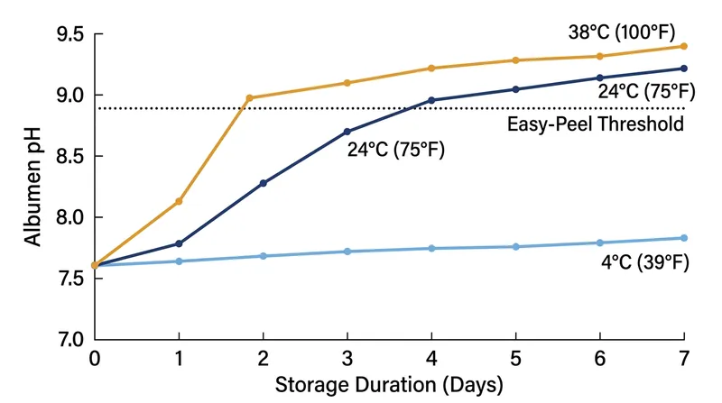 Warmer storage temperatures accelerate the loss of carbon dioxide, driving the albumen to the 8.9 pH threshold faster.
