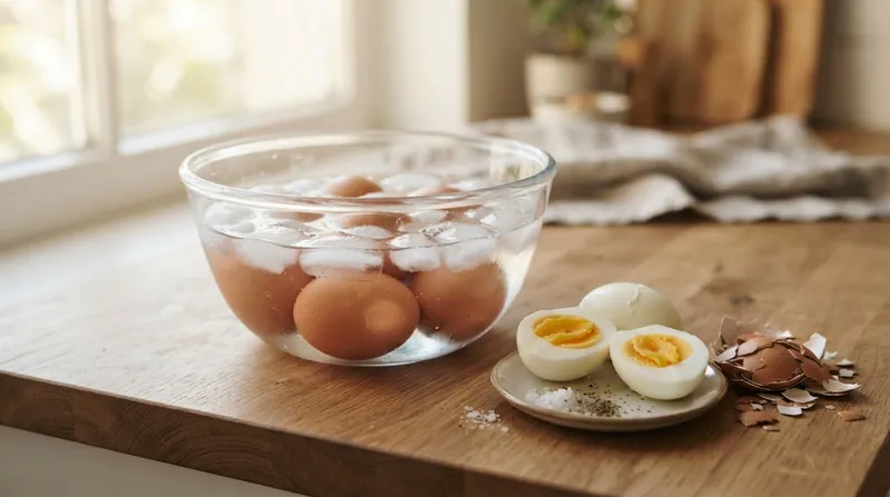 Illustration: An immediate ice bath forces the egg white to contract rapidly, pulling it away from the rigid shell.