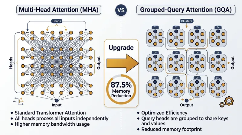 By grouping 80 query heads into 10 clusters of eight, GQA eliminates the vast majority of redundant memory storage.