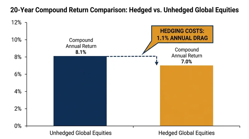 The persistent cost of rolling forward contracts creates a severe compounding drag on equity returns.