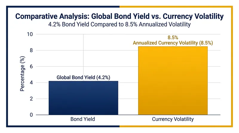 Annualized currency volatility frequently exceeds the underlying yield of foreign sovereign bonds.
