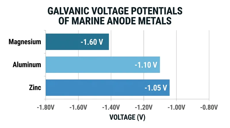 Magnesium provides the highest electrical push, making it the only metal capable of overcoming the high resistance of freshwater.