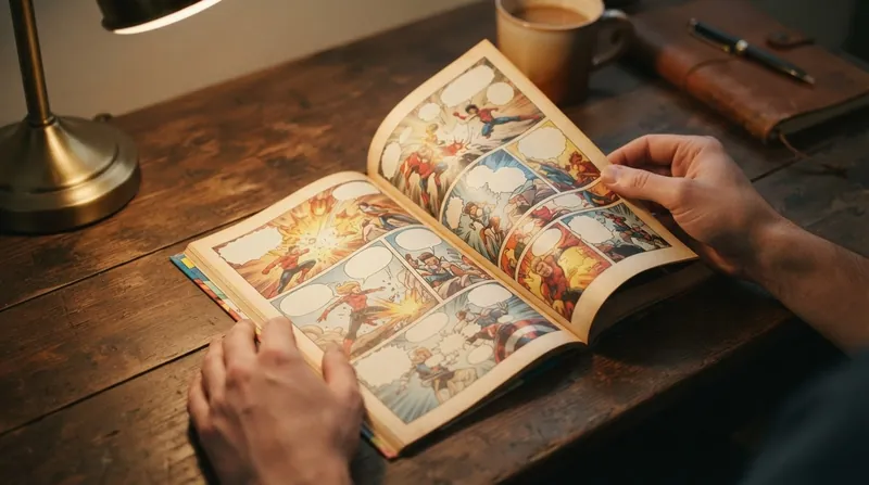 Close-up of hands turning a brightly colored comic book page to reveal a dramatic illustration on the left.