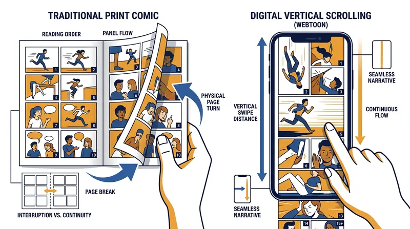 Digital-first platforms replace the tactile pause of a page turn with physical scrolling distance to build tension.