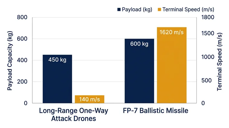 The transition to ballistic missiles represents a significant increase in both payload capacity and strike velocity.