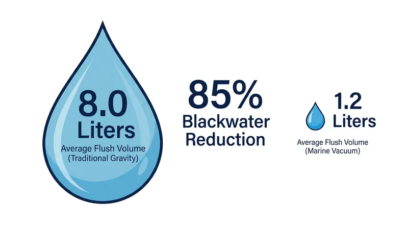 Vacuum systems reduce per-flush water consumption by up to 85 percent compared to gravity-fed plumbing.