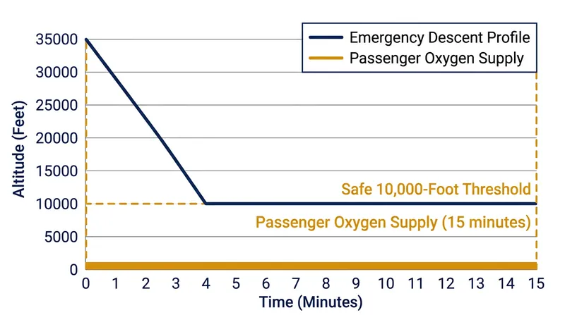 The 15-minute oxygen supply is engineered to outlast a standard emergency descent.