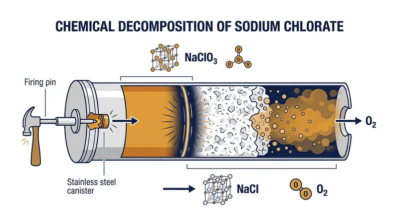 The exothermic decomposition of sodium chlorate produces pure oxygen and table salt.