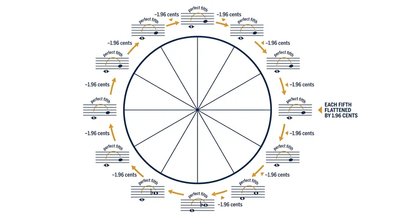 Equal temperament flattens every fifth by 1.96 cents to close the circle.
