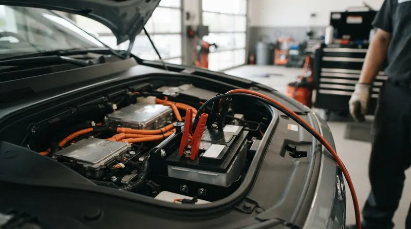 Illustration: When the 12-volt battery dies, an electric vehicle must be jump-started exactly like a combustion engine car.