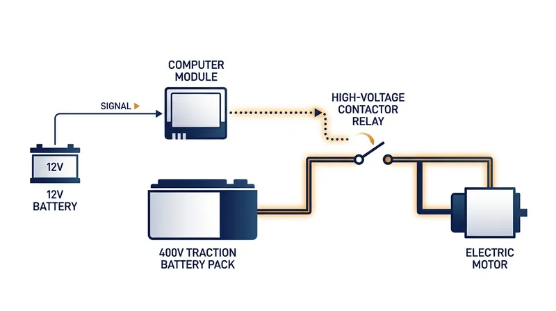 The 12-volt battery powers the vehicle's computers, which in turn close the high-voltage contactors to energize the main battery.