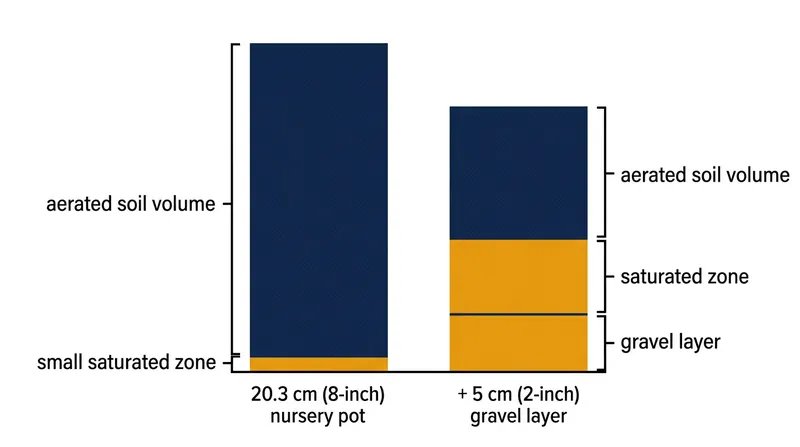 Adding a 2-inch gravel layer to an 8-inch pot reduces the usable, oxygen-rich soil volume by 25 percent.