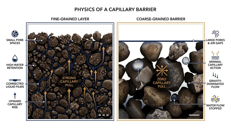 Water refuses to move from the high-tension environment of small soil pores into the low-tension environment of large gravel voids.
