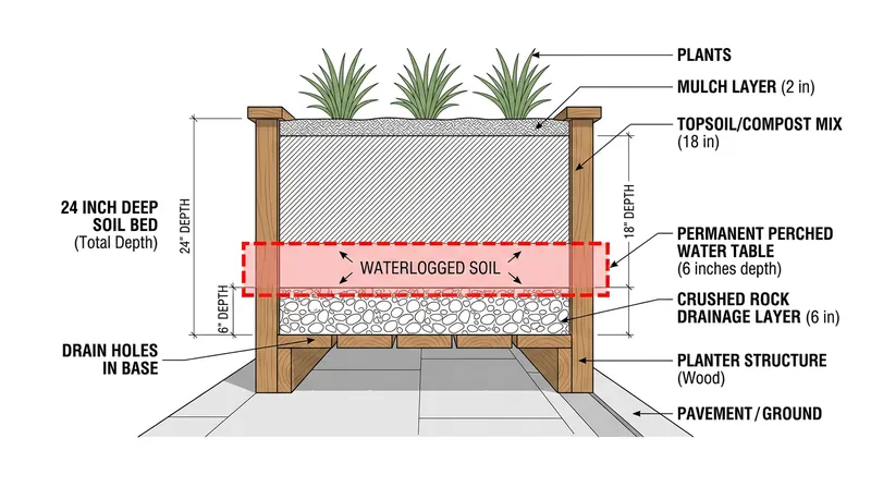 In large raised beds, a gravel base forces the lowest layer of soil to remain permanently waterlogged through the winter.