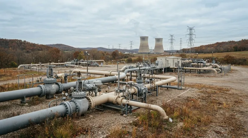 A large industrial natural gas facility with complex pipe structures and a flare stack at dusk.