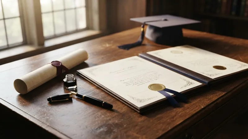 A university graduation parchment with multiple institutional seals and crests resting on a dark oak desk.