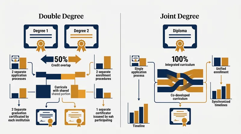 Double degrees rely on credit transfer between two distinct programs, whereas joint degrees operate on a single unified curriculum.
