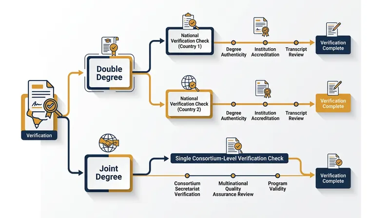 Credential evaluators process double degrees as two standard national qualifications, while joint degrees require assessing the consortium's legal standing as a whole.