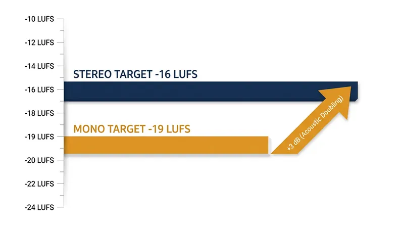 The 3 dB offset ensures mono and stereo files hit the eardrum at the exact same perceived loudness.