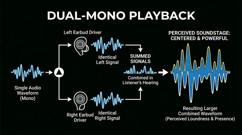 Dual-mono playback sends the exact same signal to both ears, increasing the sound pressure level.