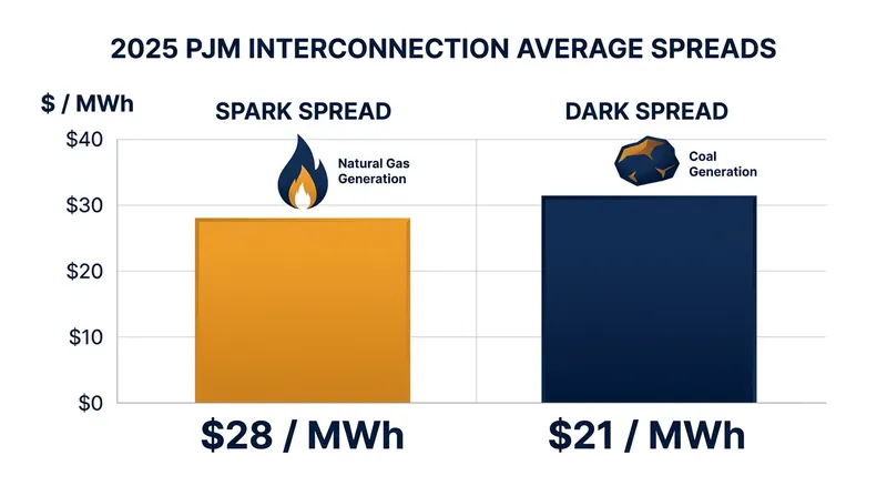 Average gross operating margins for natural gas and coal facilities in the PJM market during 2025.