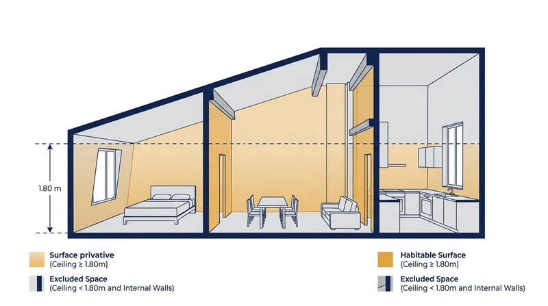 France's Loi Carrez strictly excludes any floor space with a ceiling height below 1.80 meters.