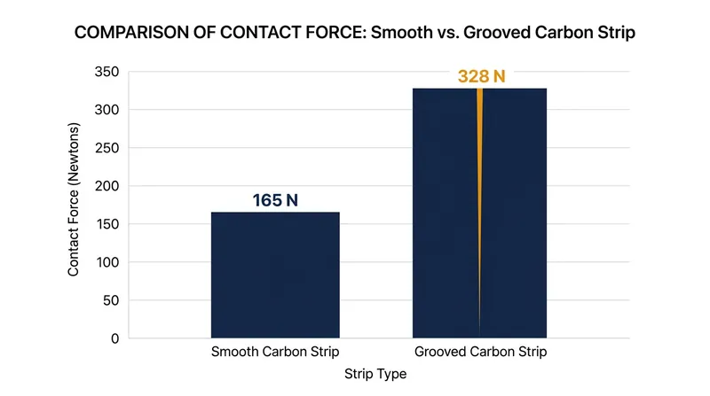 Once a localized groove forms, the upward contact force spikes, accelerating mechanical degradation.