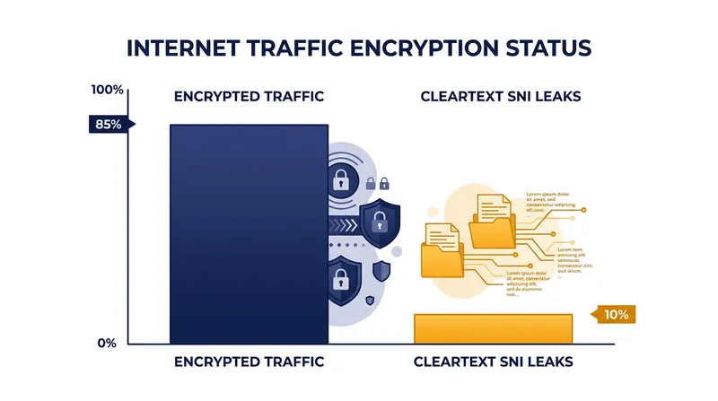 While over 90% of web traffic is encrypted, the majority still leaks the destination domain via cleartext SNI.