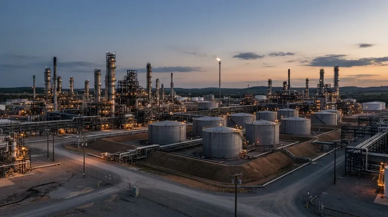 An industrial oil refinery facility with storage tanks and pipelines under a clear sky.
