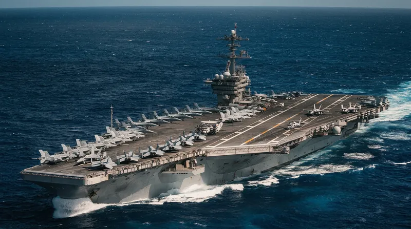 An aerial view of the USS Theodore Roosevelt aircraft carrier navigating through the ocean with fighter jets on deck.