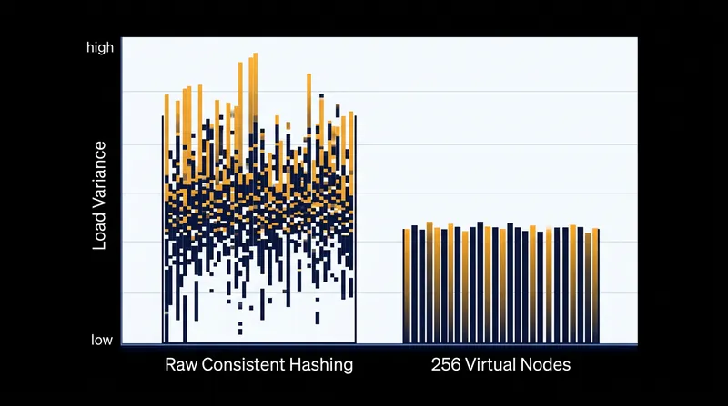 Assigning 256 virtual nodes per physical server drastically reduces load variance, preventing localized hot spots.
