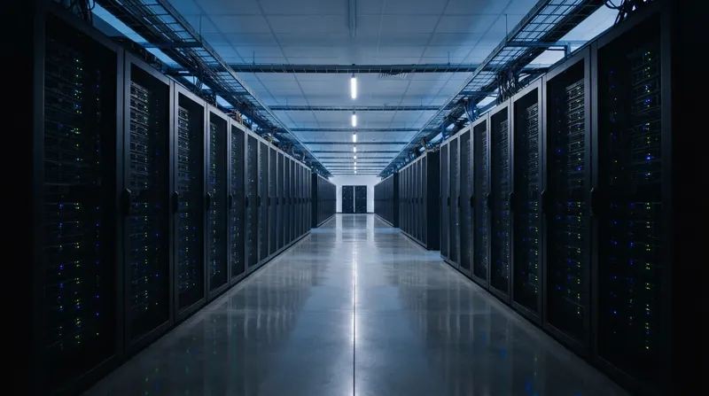 A long aisle of glowing server racks arranged in a curved, circular formation with blue and amber fiber optic cables.