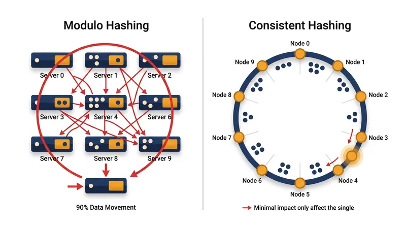 Standard modulo hashing forces a near-total data migration when cluster size changes, while consistent hashing isolates the disruption.