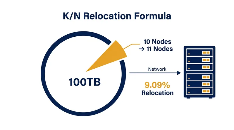 Even with optimal routing, expanding a 10-node cluster by one server forces exactly 9.09% of the total dataset to traverse the network.