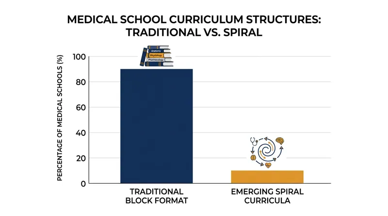 Nearly 90% of LCME-accredited medical schools still rely on traditional block formats rather than spiral curricula.
