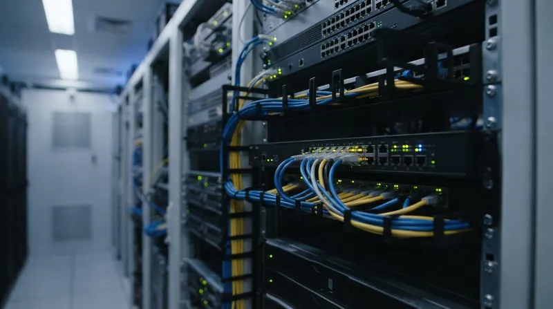 A brightly lit enterprise server rack in a data center with glowing blue and amber indicator lights.