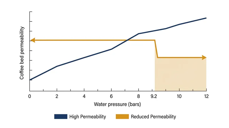 As water pressure exceeds 9 bars, the coffee bed physically compresses, collapsing the internal gaps that allow water to flow.
