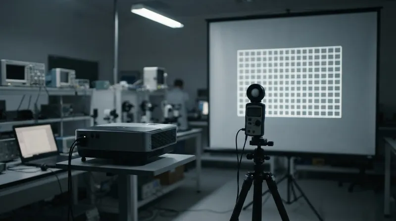 A technician in a dark room points a light meter at a white projection screen displaying a faint nine-point grid.