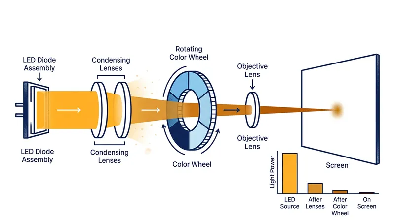 Light source lumens measure the raw diode output before the severe optical losses that occur inside the projector chassis.