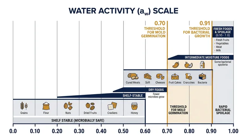 Microbes require specific water activity levels to survive and multiply.