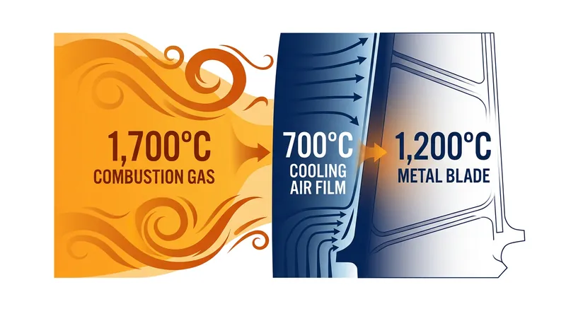 The thermal boundary layer bridges a 500°C gap between the combustion gases and the metal's melting point.