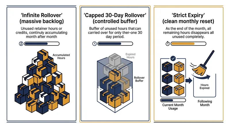 Implementing a strict expiry or a capped 30-day rollover limits the total liability an agency can accumulate.